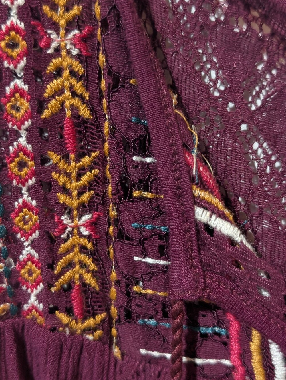 Knox Rose XL Burgundy Embroidered Lace High-low Tunic Tank Top Boho Tassel - Picture 2 of 4